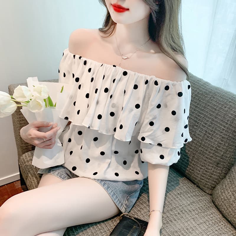 Curto de manga curta quente menina pescoço quadrado bolinhas francês Retro verão de manga curta pequena camisa Chiffon u