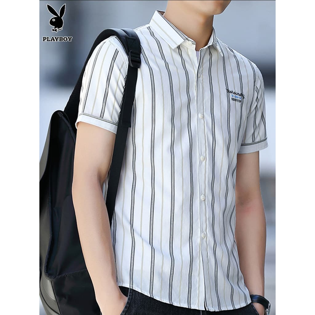 Playboy camisa de manga curta masculina verão na moda camisa juventude listrado meia manga Casual fino respirável polega