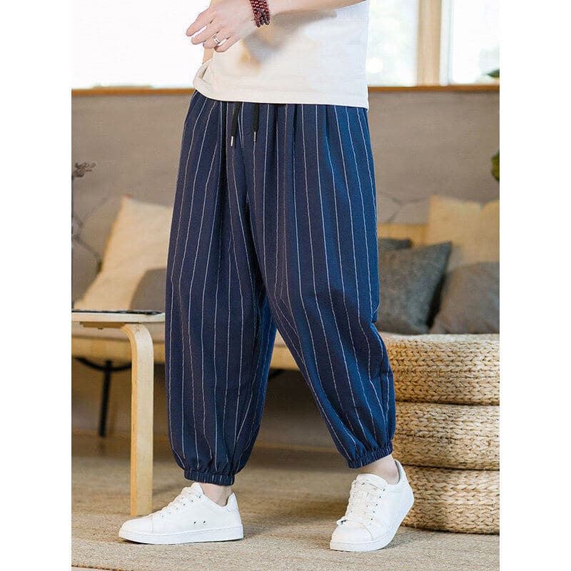 Verão listrado solto tamanho grande 9 tornozelo comprimento calças masculinas estilo chinês Retro calças na moda cintura