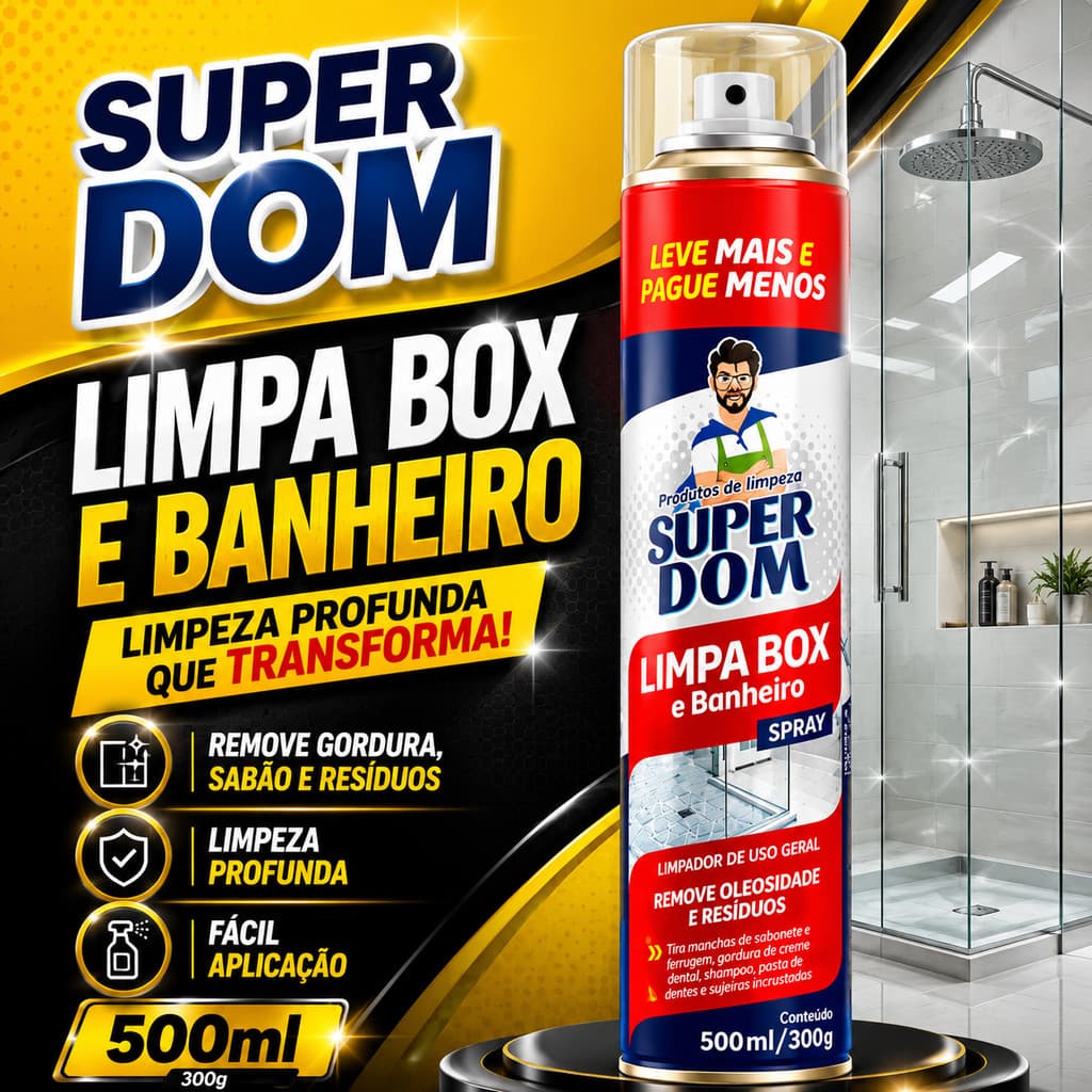 Limpa Box e Banheiro Spray Super Dom 500ml Remove Gordura Sujeira, tira manchas box, spray limpa box