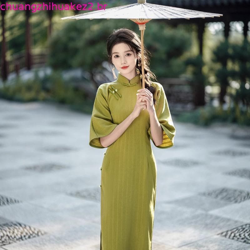 2026 Novo Tijolo Vermelho Vintage Cheongsam Plus Size Feminino Vestido Longo Festival Roupas Moda Qipao Grande Manga Sol