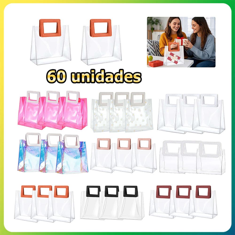 60x Sacola quadrada transparente reutilizável leve para presentes compatível com casamento aniversário e festas diversas