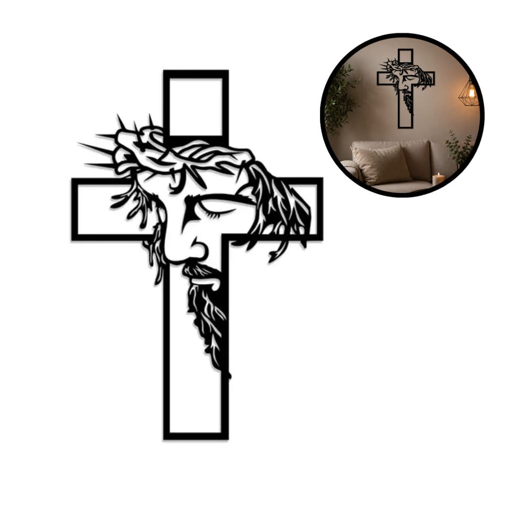 Quadro Decorativo Religioso Cruz Jesus MDF Preto Parede 3mm