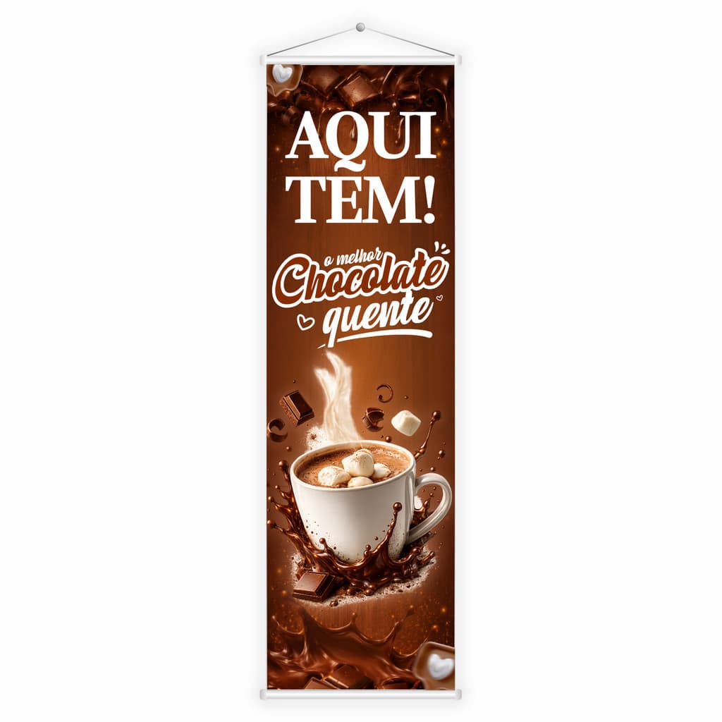 Banner Faixa Lona Aqui Tem Chocolate Quente Cafeteria 100x30