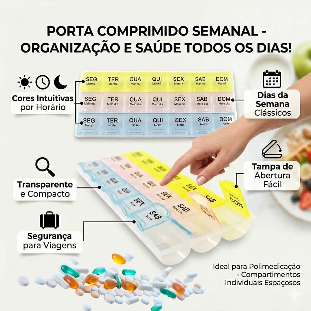 Porta Comprimido com 21 divisórias Organizador de Remédio e Suplementos