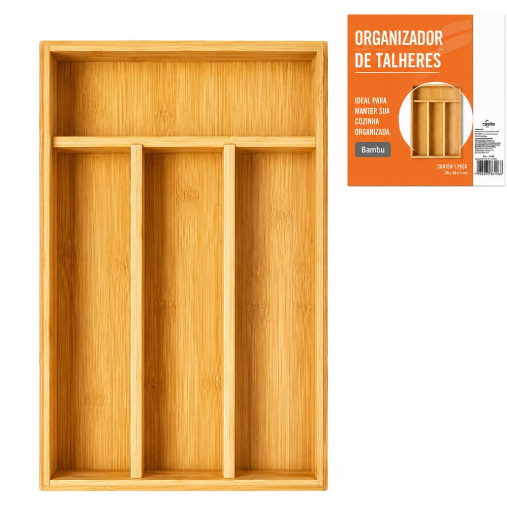 Porta Talheres em Bambu 4 Divisórias Organizador de Gavetas Multiuso 33x22