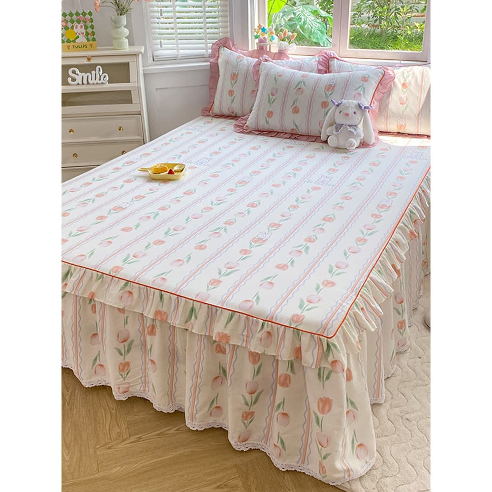 Saia de cama de algodão puro algodão de peça única 2023 novo estilo princesa colcha antiderrapante conjunto de três peça