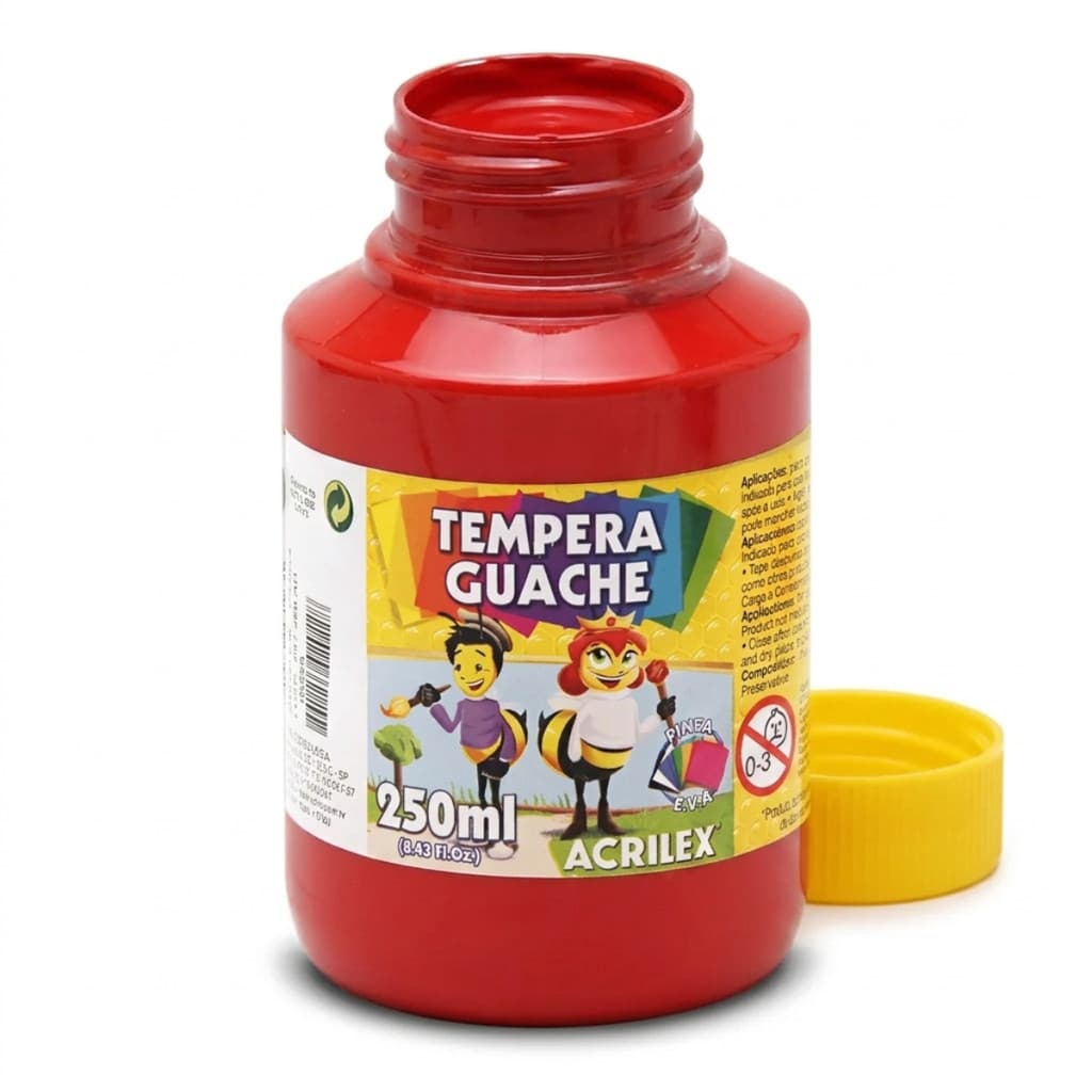 Tempera Guache 250ml Vermelha - Acrilex Pinturas escolares não tóxico e seguro educativas