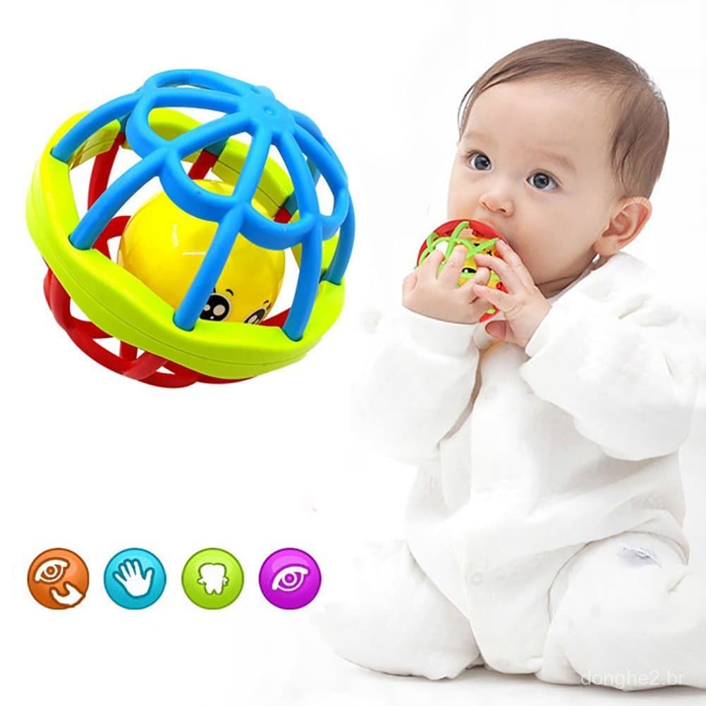 Chocalho de silicone para bebês, bola/brinquedo de treinamento de plástico com sino disponível.