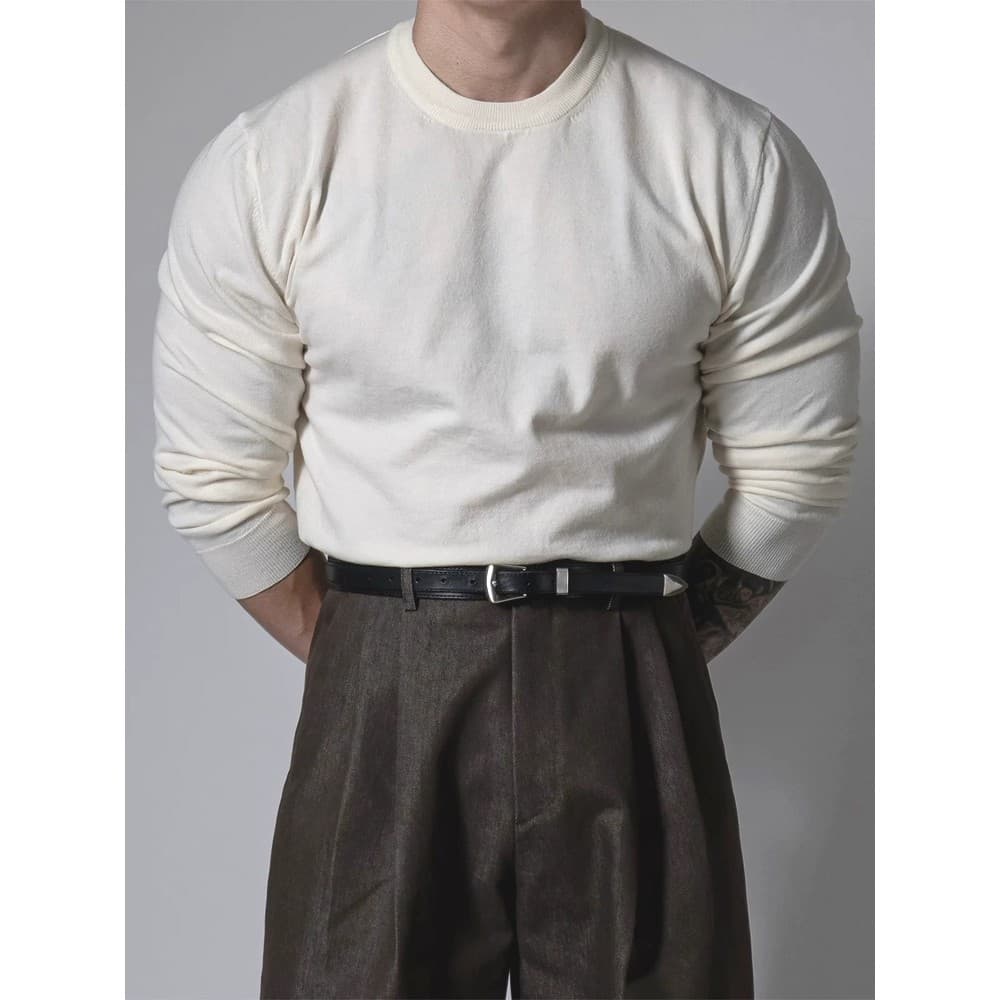 Americano resistente cara núcleo-fiado fio malhas masculino decote pequeno fino-ajuste moletom de manga comprida estilo