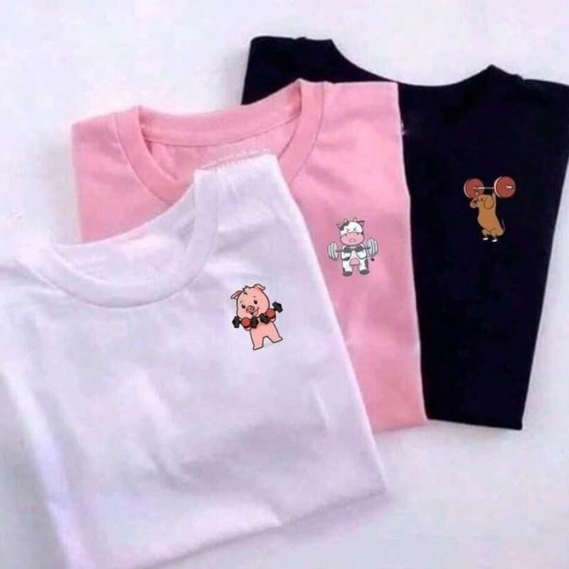 Kit 3 Camisetas oversized Feminina Treino Academia Porquinho Vaquinha Cachorro Caramelo 100% Algodão
