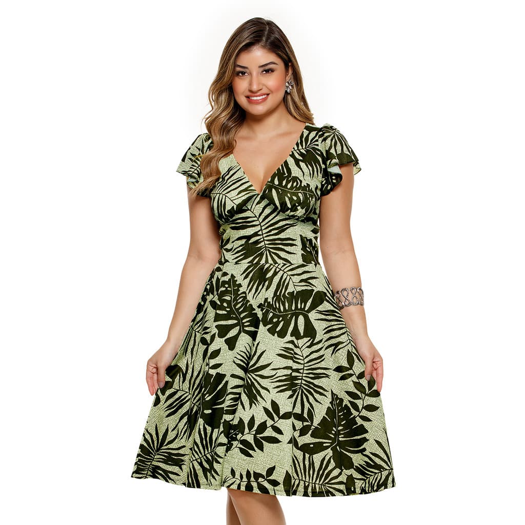 Vestido Clássico com Decote V e Saia Godê – Moda Feminina