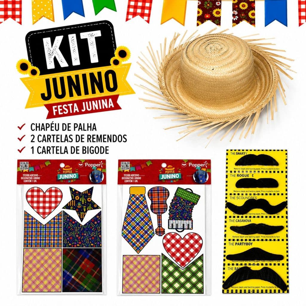 Kit Festa Junina Completo com Chapéu de Palha Bigodes e Retalhos Adesivos