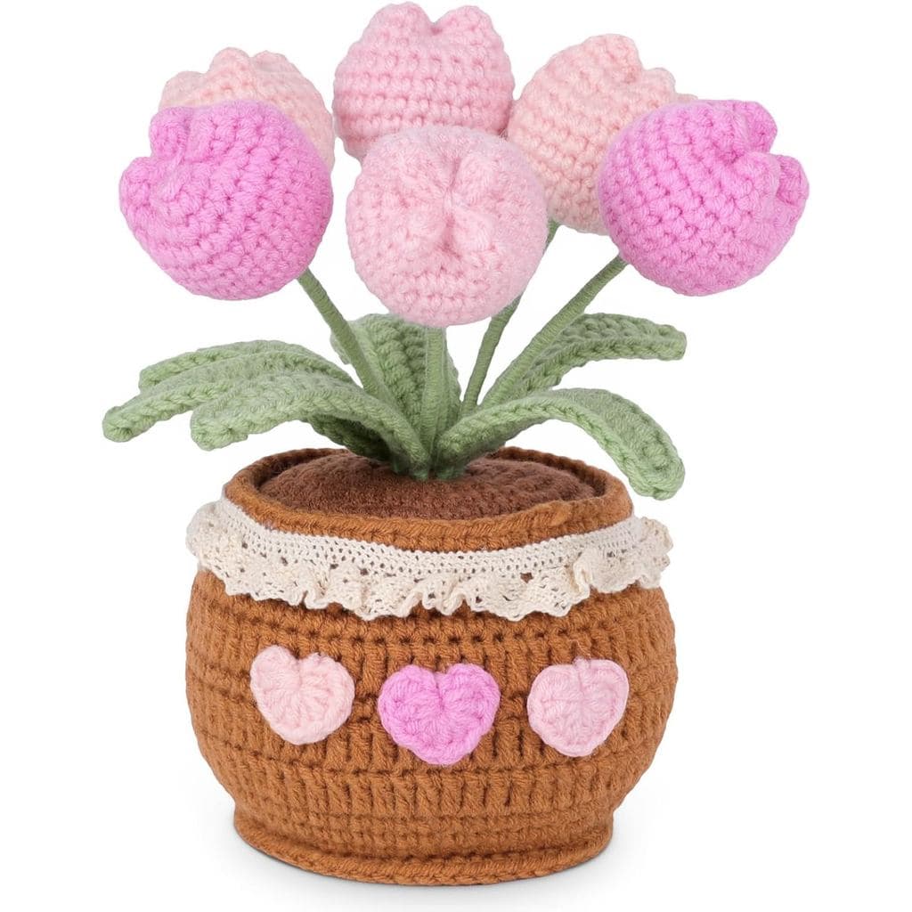 Buquê de Tulipas de Crochê Feito à Mão em Vaso, Tulipas de Crochê Rosa Claro, Flores Tecidas à Mão, Flores Tricotadas em
