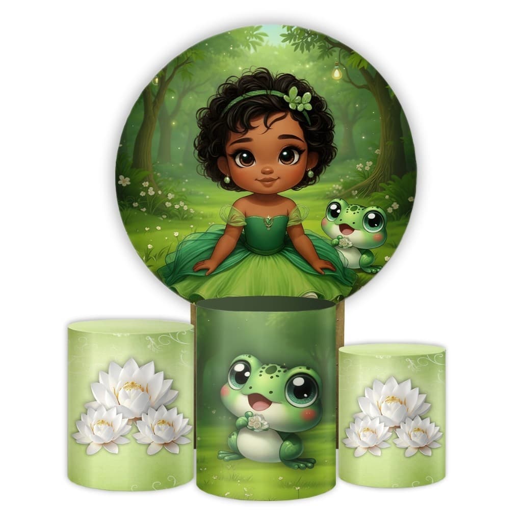 Capa Painel Redondo e Cilindros Decoração Princesa Tiana Baby Festa Infantil A Princesa e o Sapo