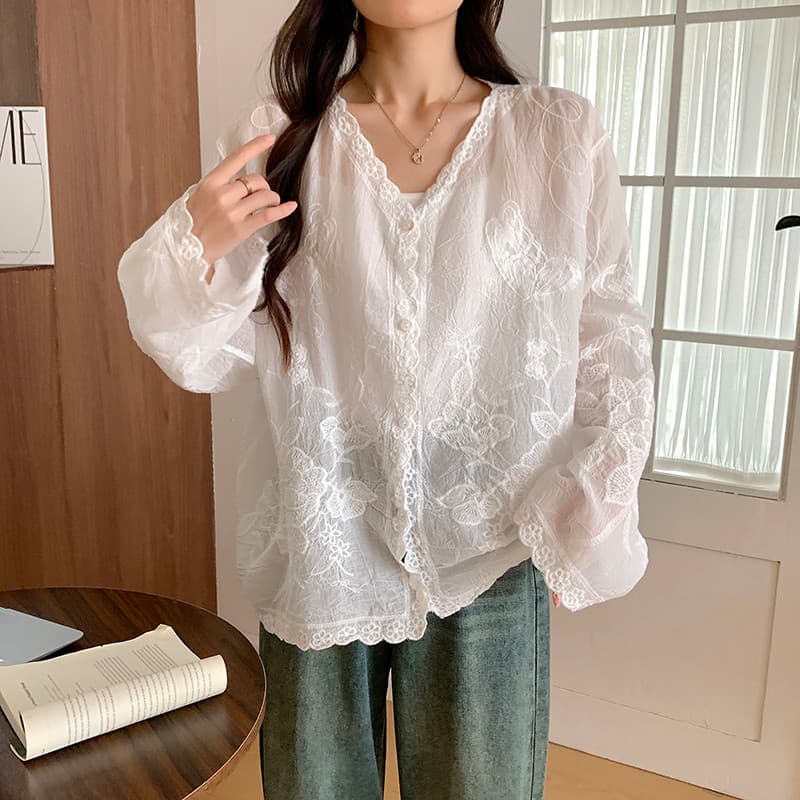 Camisa de manga comprida com decote em V de renda francesa feminina 2025 primavera outono novo estilo Design redução de