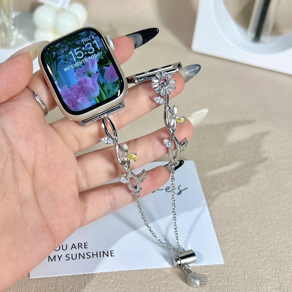 Moda feminina pulseira de relógio Apple strass pérola decoração de Metal compatível com iWatch Full Range 38-49mm Ultra/
