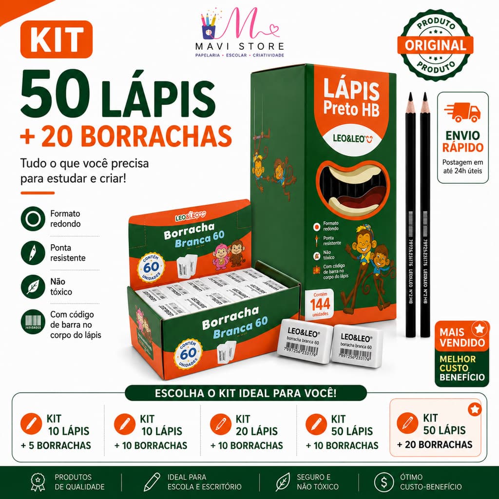 50 Lápis Preto Redondo HB + 20 Borrachas Brancas Nº60 Leo&Leo Kit Escolar
