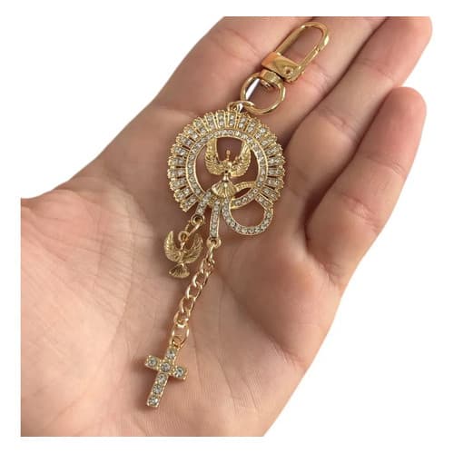 Chaveiro Mosquetão Strass Dourado Pomba Paz Espirito Santo