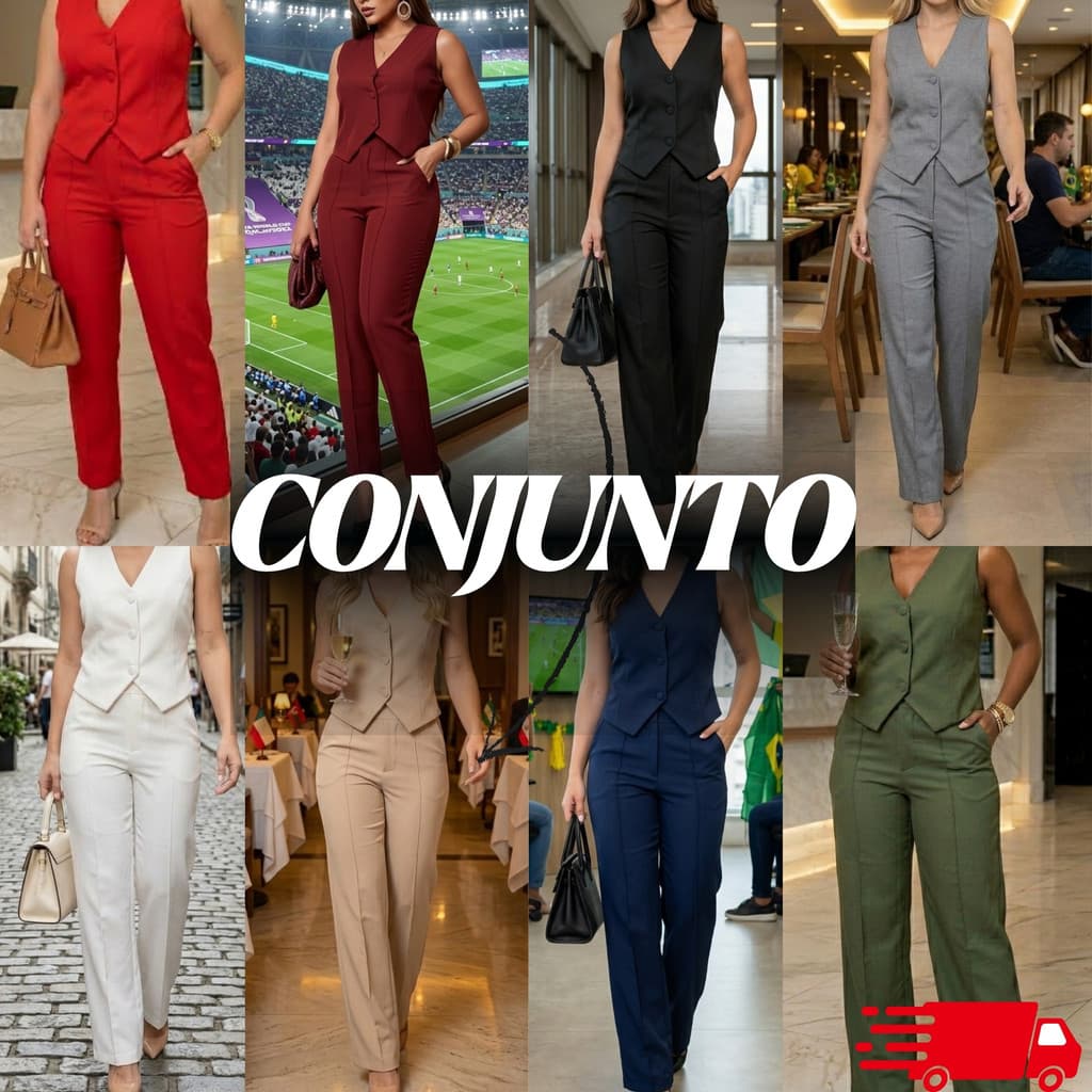 Conjunto Calça E Colete Alfaiataria Social cor Preto com bolsos botao e ziper Verão 2026