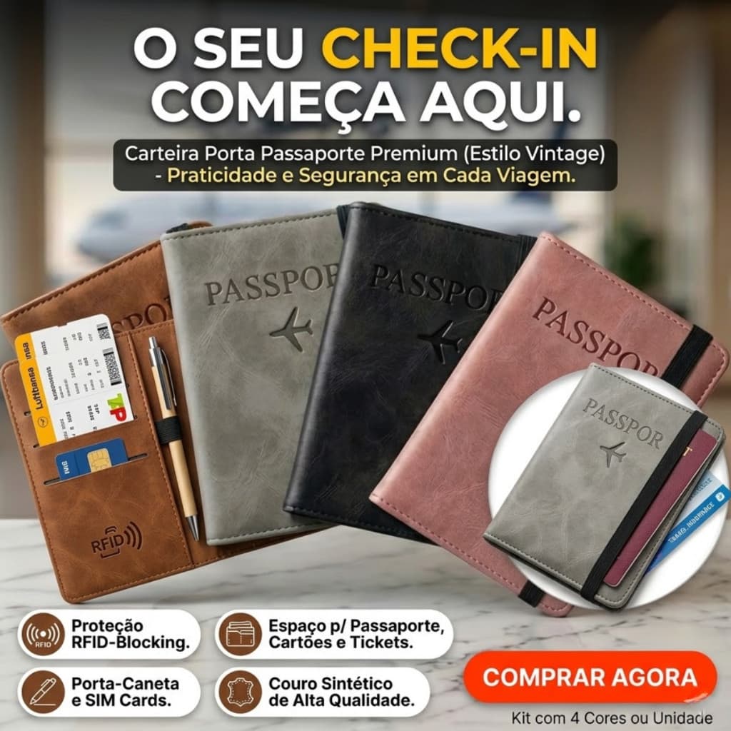 Carteira Porta Passaporte Proteção RFID Porta Documentos Cartões Dinheiro Viagem Premium Unissex