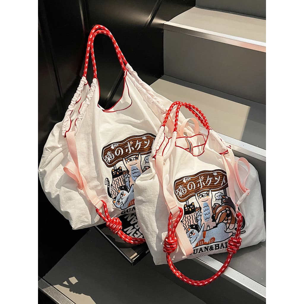 Estilo japonês bordado gato feliz Eco-Friendly saco de compras saco de lona 2025 novo estilo grande capacidade Commuter