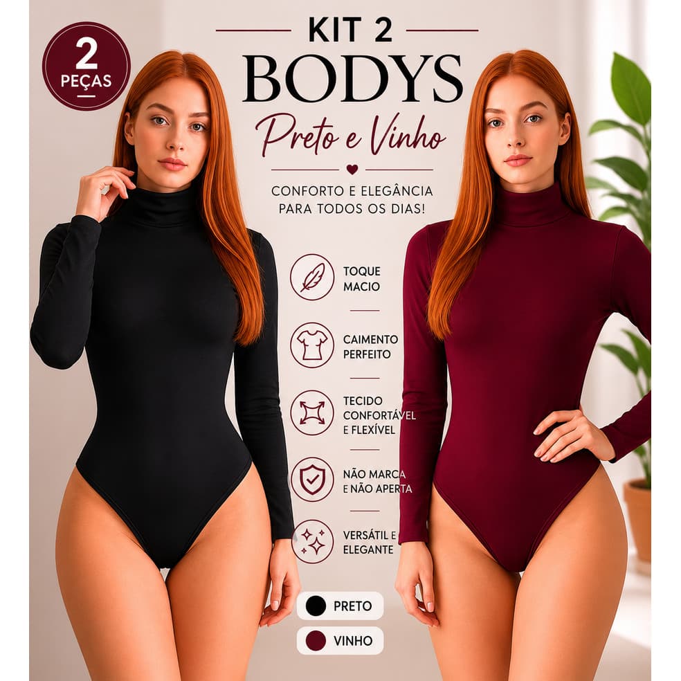 Kit 2 Body Gola Alta - Moda Feminina Manga Longa Confortável Tecido Suplex Dia a Dia Faculdade