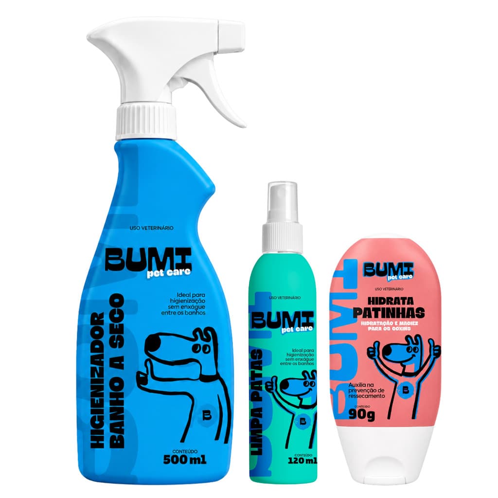 Combo Limpeza  Banho a seco Limpa Patas 120ml + Hidratante de Patinha 90g Bumi Pet Higienizador Cães Gatos 120ml