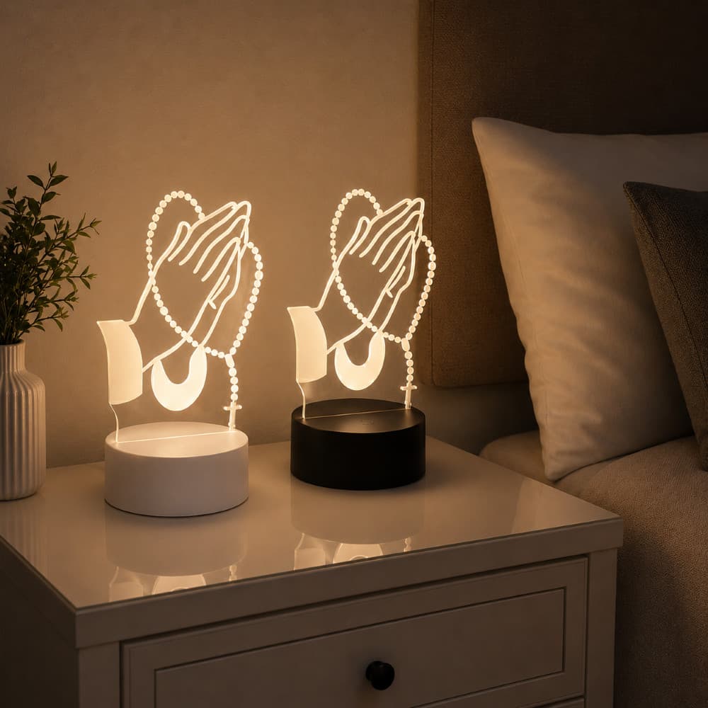 Luminária Led Abajur Mão Rezando com Terço Presente Religioso Decorativo 3 Cores Bivolt Pt/Br