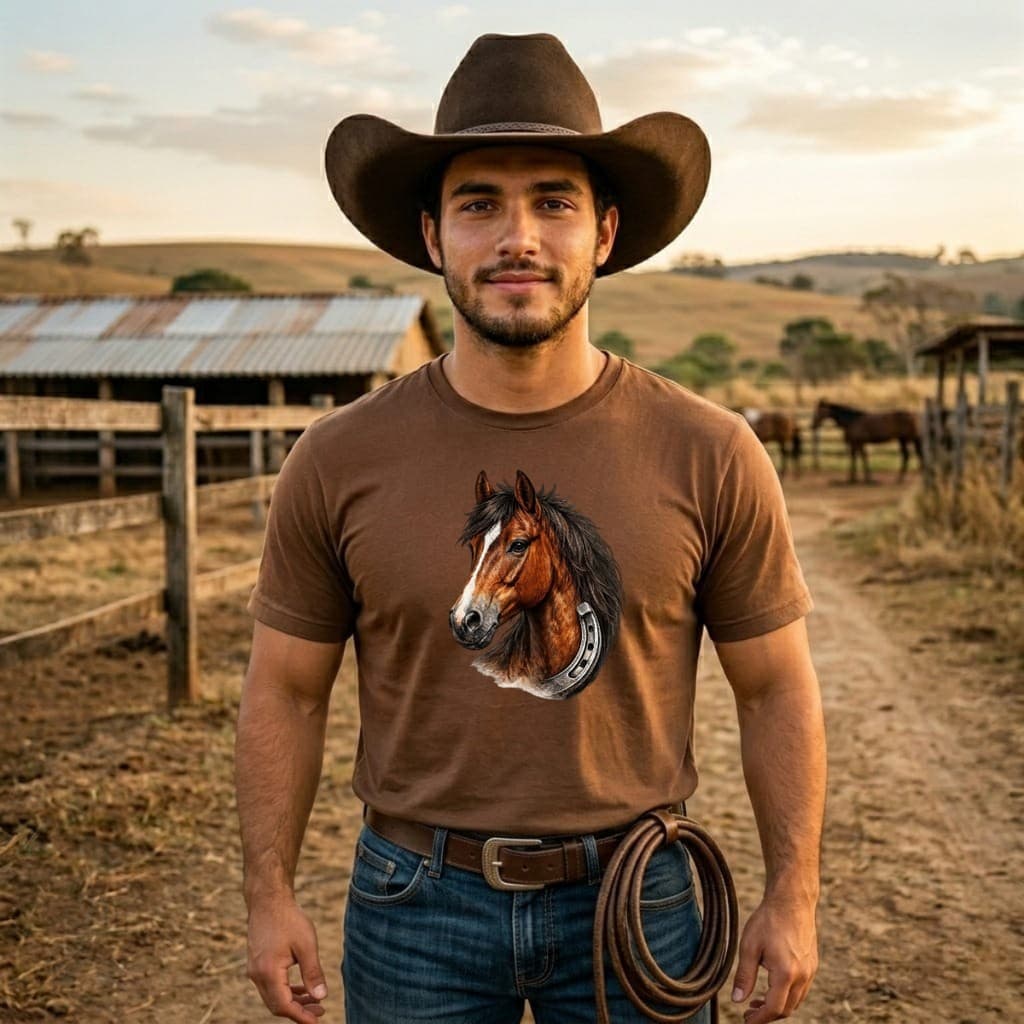 CAMISETA  COUNTRY ESTAMPA CAVALO FERRADURA 100% ALGODÂO  FESTA DE PEÃ MODA  COUNTRY ESTILO E CONFORTO