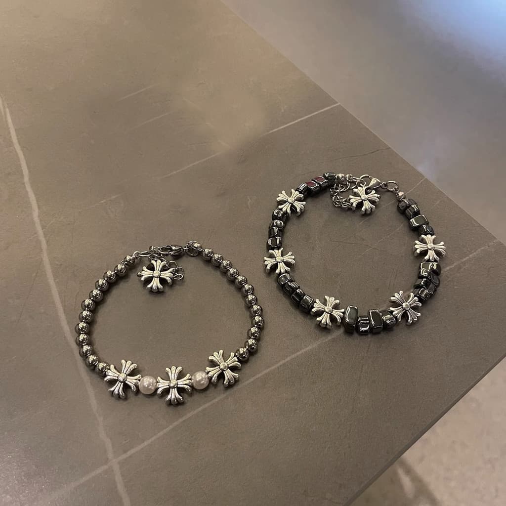 Pulseira de costura de flor cruzada de prata quebrada, nicho retrô All-Match Hip Hop, pulseira unissex