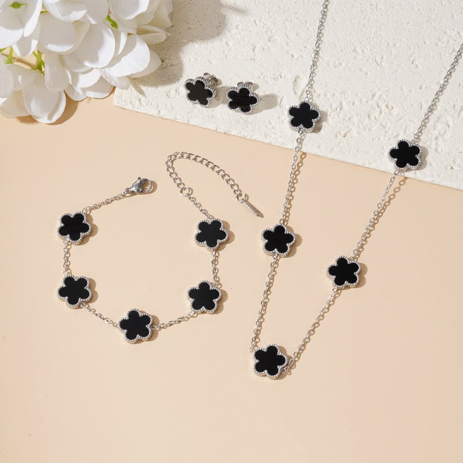 Conjunto De Joias De Flor De 5 Pétalas Da Sorte , Colar De Aço Inoxidável , Pulseira , Brincos , Presente Unissex