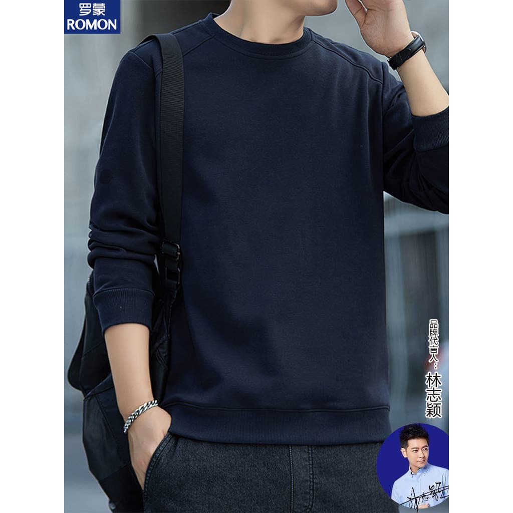 Lomon moletom masculino de cor sólida com gola redonda, Casual, início do outono, manga comprida, camisa de fundo, taman