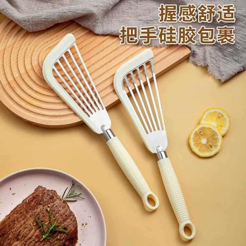 Espátula de fritura de peixe em aço inoxidável, cabo de silicone, espátula de fritura de bife, espátula de borboleta em