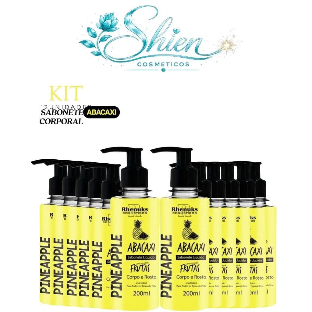 Kit 12 Sabonete Liquido Frutas Corpo e Rosto Abacaxi 200ml Rhenuks (Afilhado)