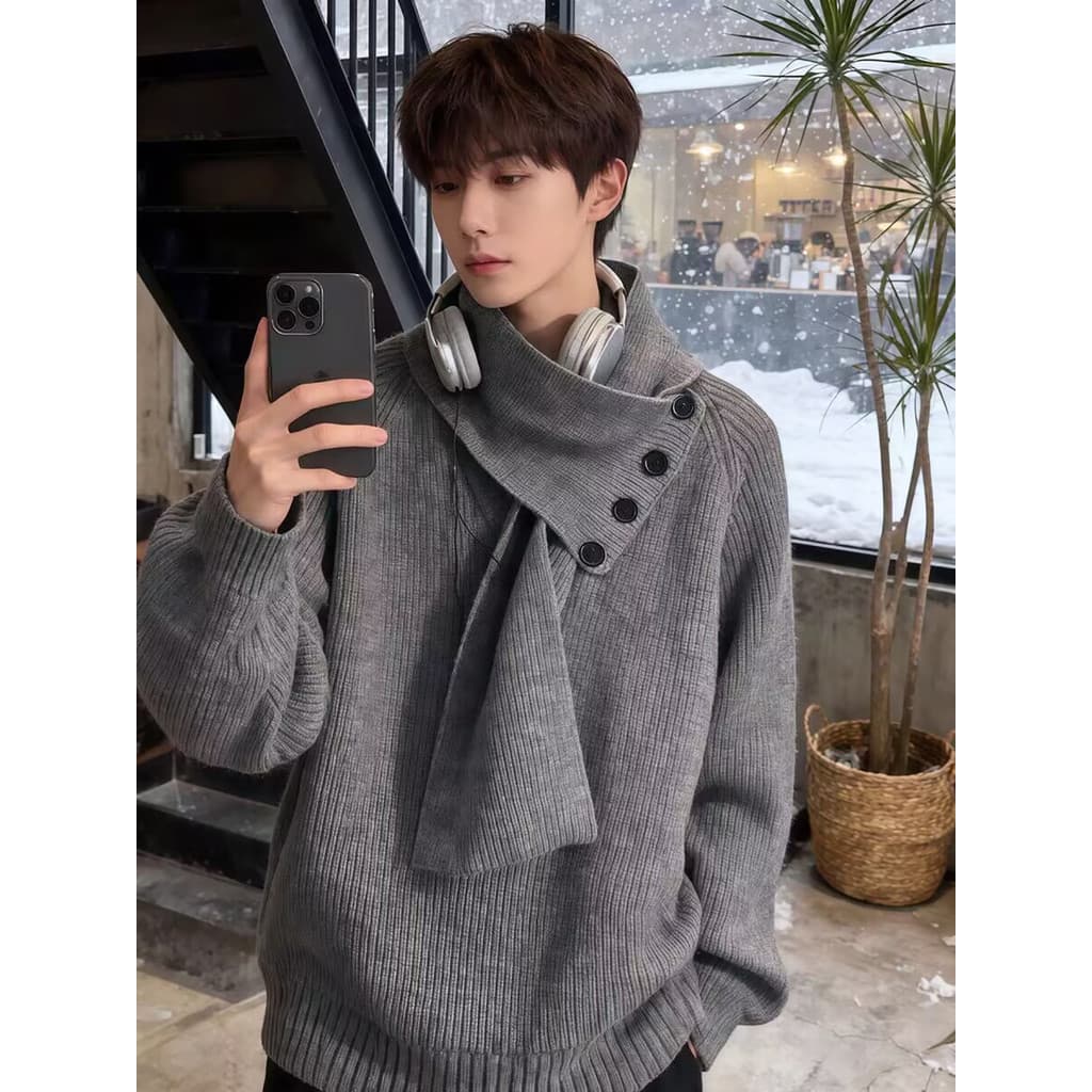 Novo estilo chinês meia gola alta camisola masculina destacável cachecol estilo preguiçoso malhas casal cinza usar camis