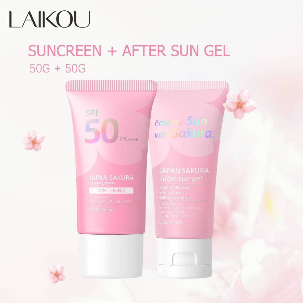 Protetor Solar Clareador LAIKOU Sakura 50g SPF 50 PA+++ Proteção UV + Gel Pós-Solar para Refrescar a Pele Seca e Bronzea
