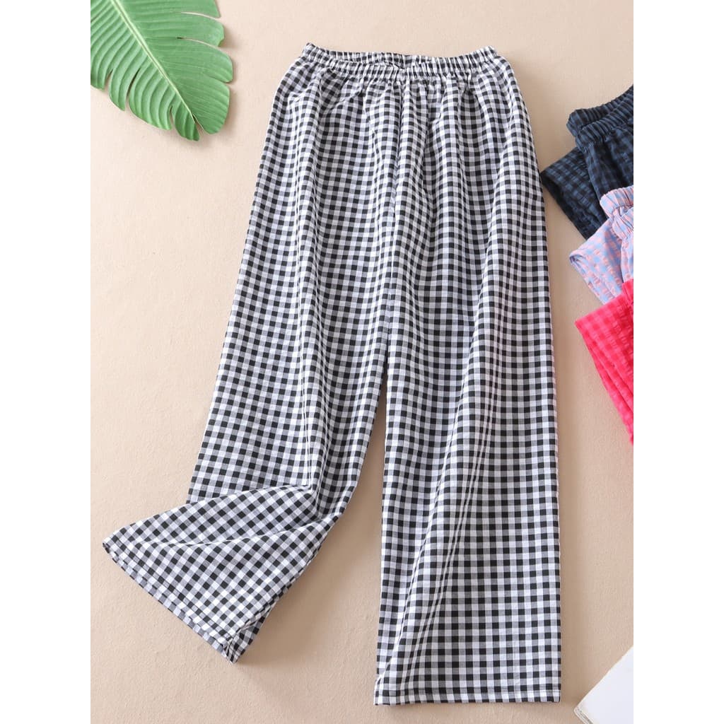 Pode usar fora Retro literário xadrez Casual casa calças femininas verão estilo fino solto cintura alta fora calças de p
