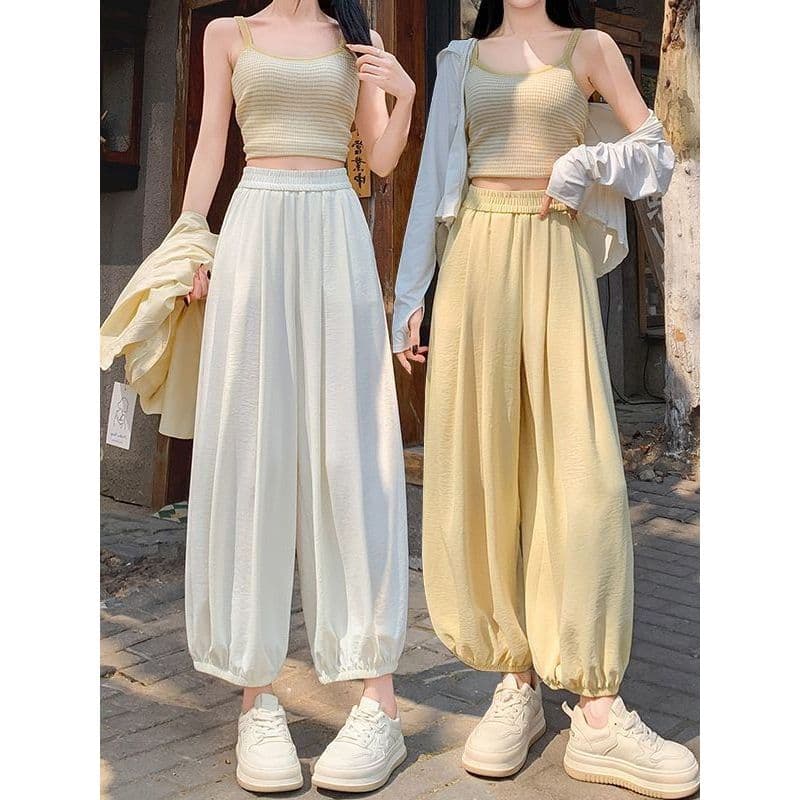 Bloomers de seda gelo amarelo feminino verão estilo fino solto Drape sentir mais magro olhar gordura mm esportes Anti-Mo