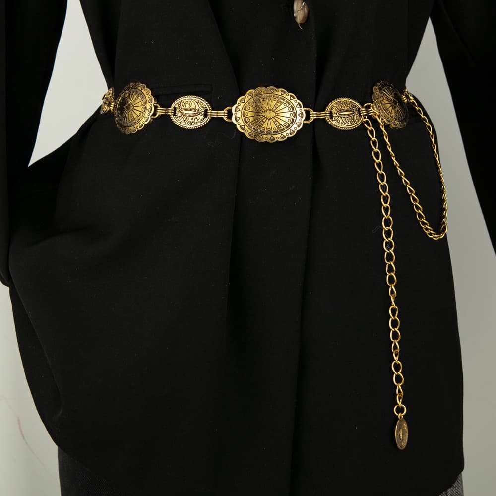 Estilo étnico Oval esculpido Metal corrente de cintura feminino novo estilo vestido decorativo Retro cobre cintura corre