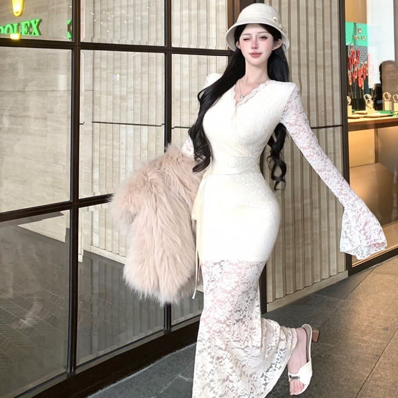 Tamanho grande temperamento fresco Yujie fã cintura estreita magro-ajuste Hip-embalado saia longa camisola pode desgasta
