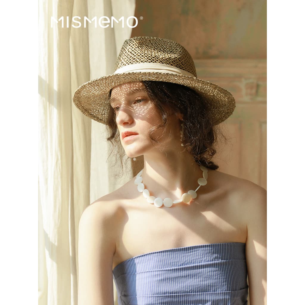 MISMEMO Retro oco panamá chapéu feminino primavera verão férias à beira-mar chapéu de palha salgado palha tecido chapéu