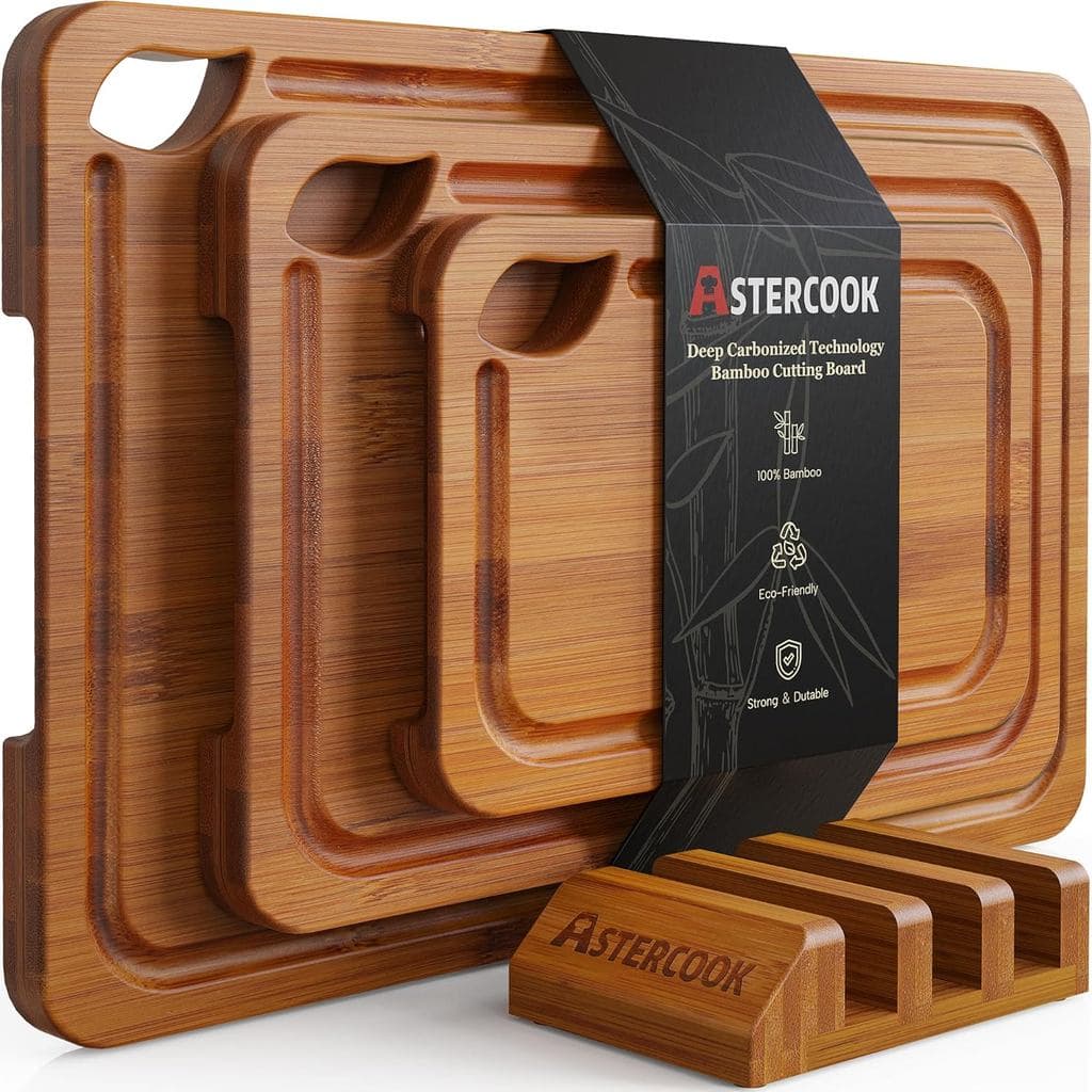 Tábuas de Corte de Bambu Profundamente Carbonizadas Astercook para Cozinha com Suporte de Madeira, Tábuas Reversíveis pa