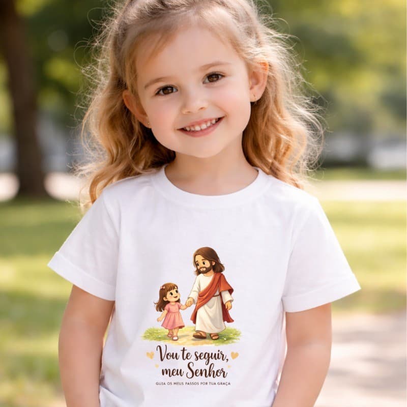 Camiseta Infantil Cristã Vou Te Seguir Meu Senhor Camiseta Evangélica Infantil Algodão premium Confortável