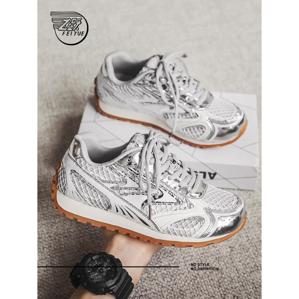 Feiyue sapatos esportivos femininos 2026 outono inverno novo estilo prata aumentada sola macia malha respirável leve sap