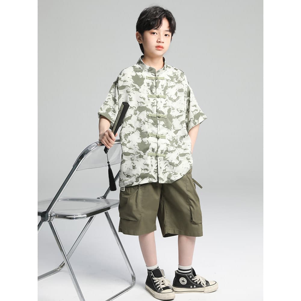 Meninos camisa de verão terno de manga curta 2026 novo estilo médio grande crianças meninos verão Tang terno novo estilo