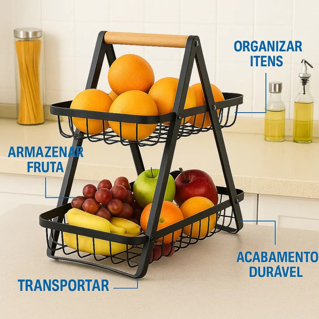 Fruteira De Mesa 2 Andares Em Metal E Madeira Organizador De Frutas Legumes Premium Luxo Oranizador