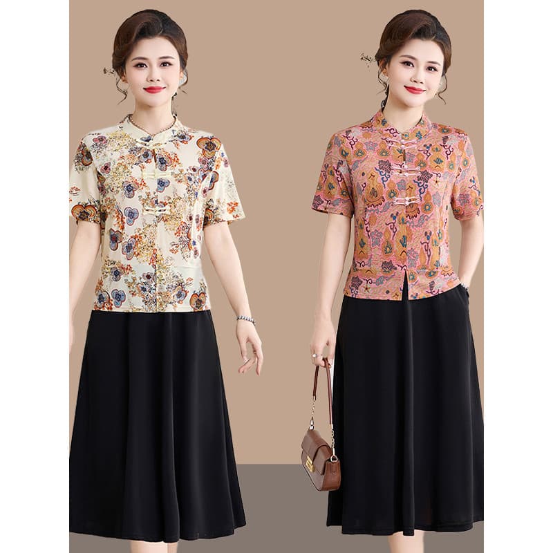 Novo estilo chinês mãe vestido de verão falso vestido de duas peças sobre o joelho High-End meia-idade mais velho