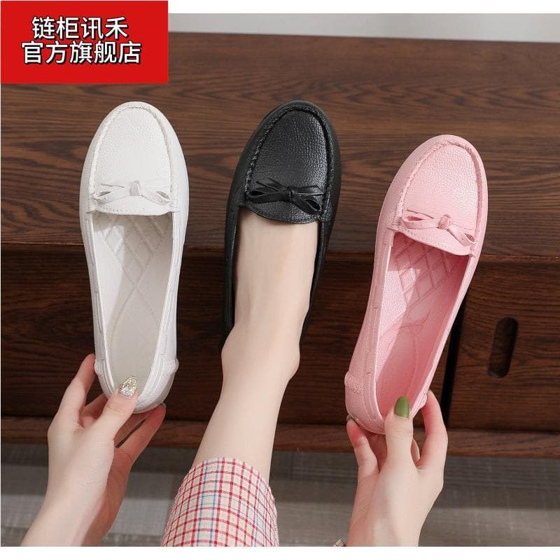 2025 novo estilo primavera branco enfermeira sapatos carne tendão sola sapatos planos sola macia couro macio ervilhas sa