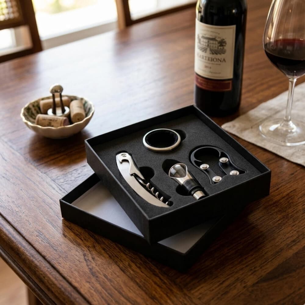 Kit 4 Peças Acessórios para Vinho no Estojo Perfeito para Presentear Saca Rolha Aerador Anel